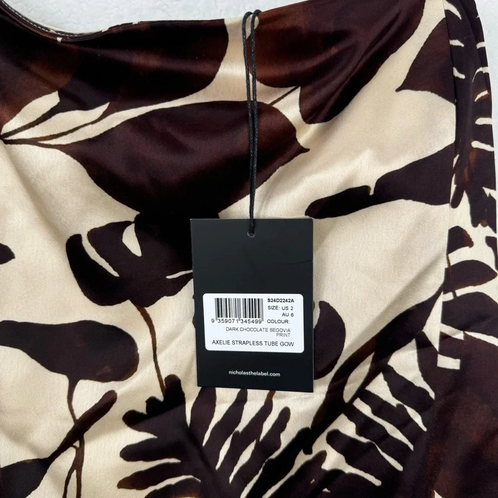 Nicholas The Label Axelie Strapless Tube Gown Dark Chocolate Segovia Print Sz 2 - Picture 7 of 13